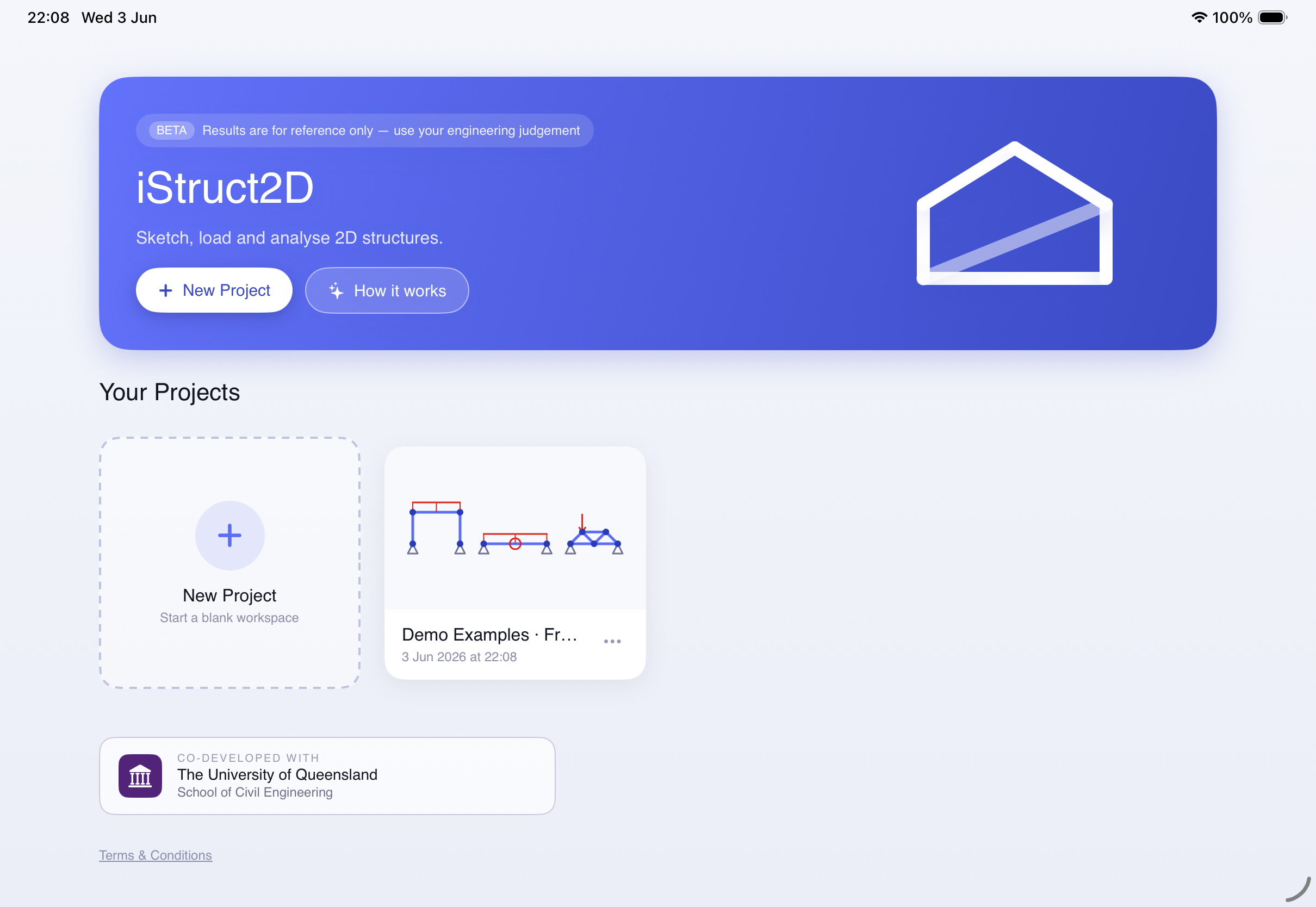iStruct2D home screen with projects