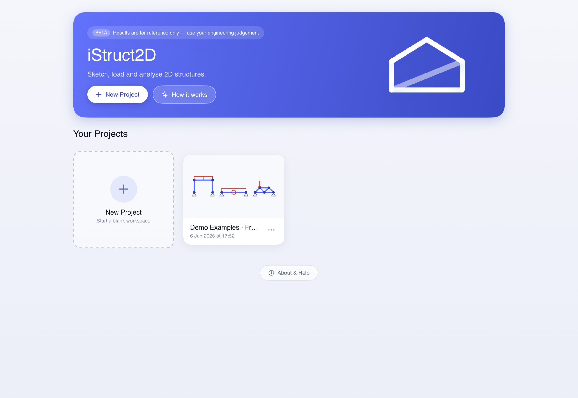 iStruct2D home screen with saved projects