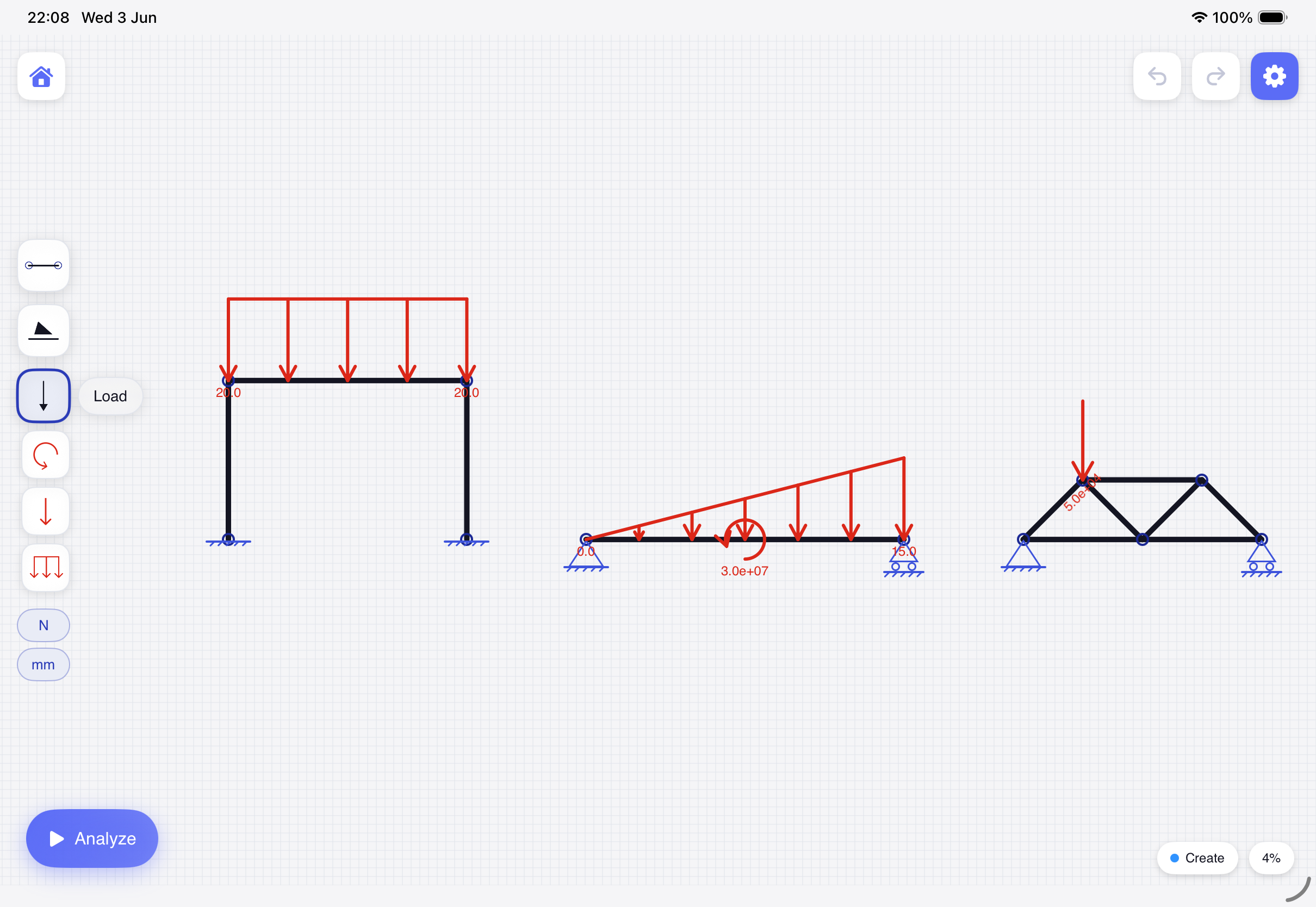 Three structures sketched on the iStruct2D canvas with the tool dock